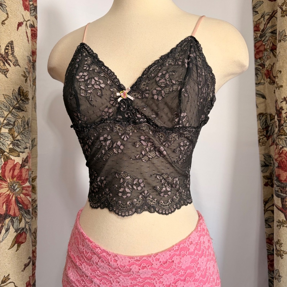 Victorias Secret Gorgeous Black and Pink Floral Lace Tank top with embroidery